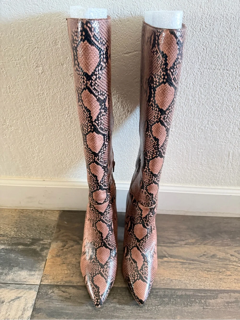 Snake-Print Over-the-Knee Boots in Dusty Pink
